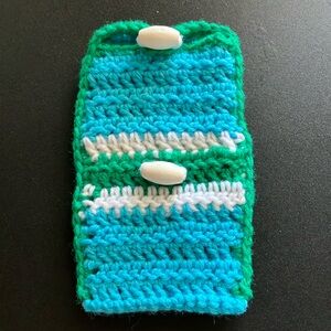 Handmade Crochet Cell Phone Holder Pouch Eyeglass Case Blue Green Adjustable